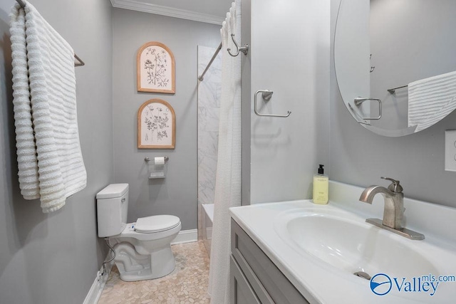 full bathroom with toilet, vanity, ornamental molding, and shower / bathtub combination with curtain