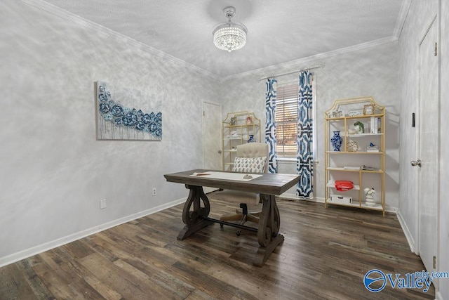 home office with an inviting chandelier, ornamental molding, and dark hardwood / wood-style floors