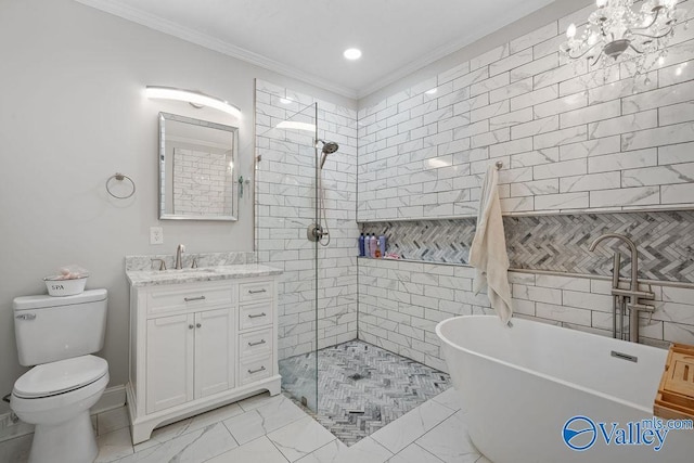 full bathroom featuring toilet, crown molding, separate shower and tub, and vanity