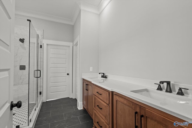 22692 Gunner Cir, Athens, AL 35613 - bathroom featuring crown molding, a marble finish shower, double vanity, and tile patterned floors