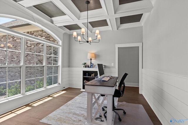 22692 Gunner Cir, Athens, AL 35613 - office area with beam ceiling, a chandelier, coffered ceiling, a wainscoted wall, and wood finished floors