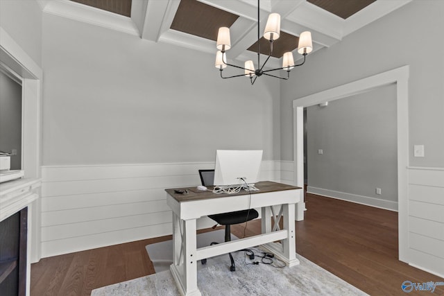 22692 Gunner Cir, Athens, AL 35613 - office area featuring coffered ceiling, a wainscoted wall, wood finished floors, beamed ceiling, and a chandelier