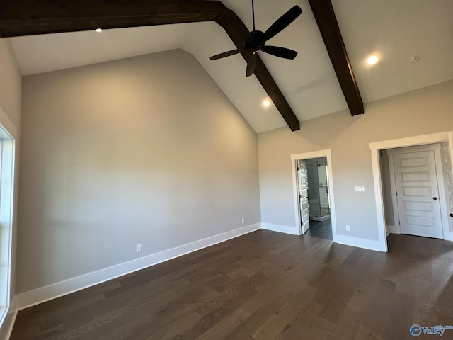 22692 Gunner Cir, Athens, AL 35613 - unfurnished room featuring a ceiling fan, beamed ceiling, dark wood-style flooring, baseboards, and high vaulted ceiling