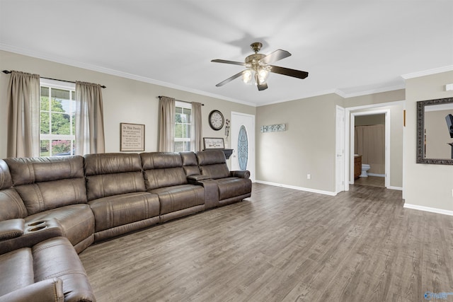 living room with ceiling fan, wood-type flooring, and crown molding