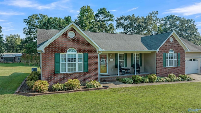 view of front of property with a front lawn, covered porch, and a garage