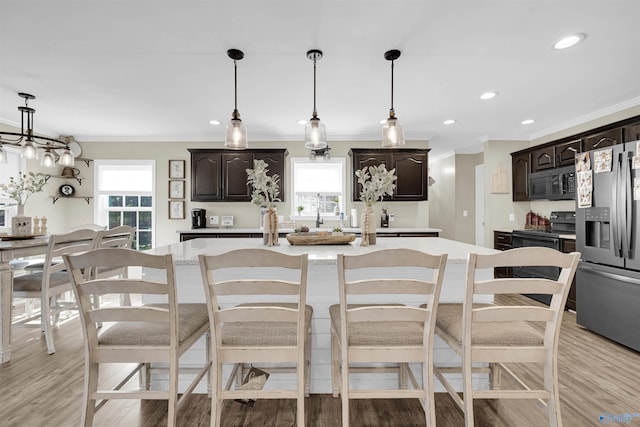 kitchen with dark brown cabinets, light wood-type flooring, stainless steel appliances, and pendant lighting