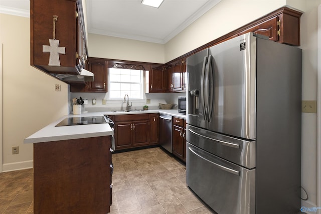 kitchen with dark brown cabinets, stainless steel appliances, crown molding, and sink