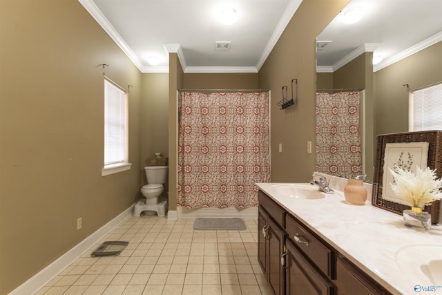 full bathroom featuring tile patterned flooring, vanity, toilet, and ornamental molding