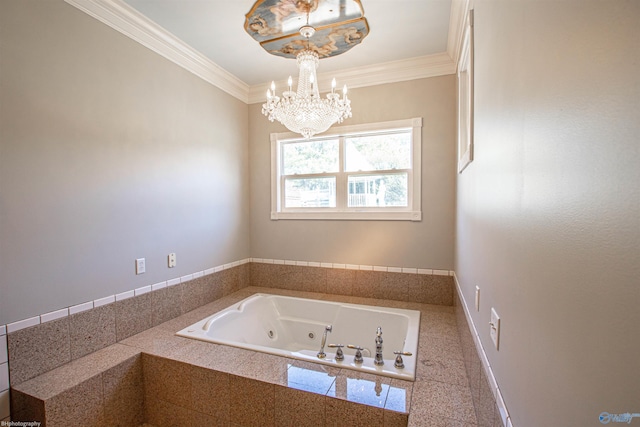 bathroom with an inviting chandelier, ornamental molding, and tiled tub