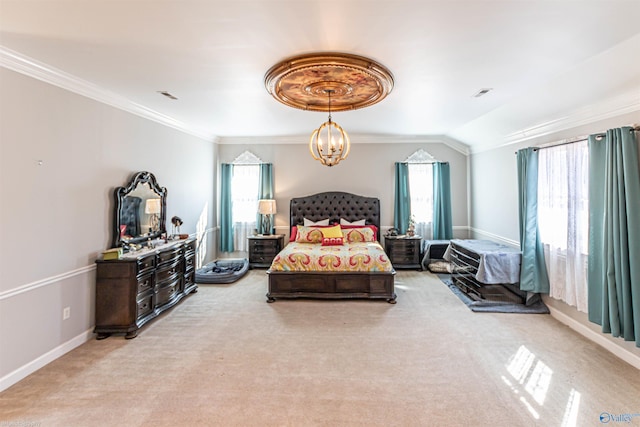 bedroom featuring multiple windows, crown molding, lofted ceiling, and light colored carpet