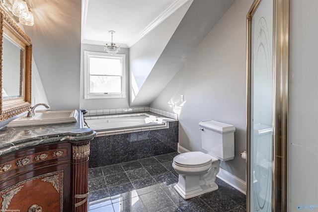 bathroom with a relaxing tiled tub, vanity, crown molding, and toilet