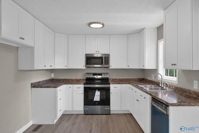 2221 Old Union Rd, Grant, AL 35747 - kitchen featuring appliances with stainless steel finishes, a sink, light wood finished floors, white cabinets, and baseboards