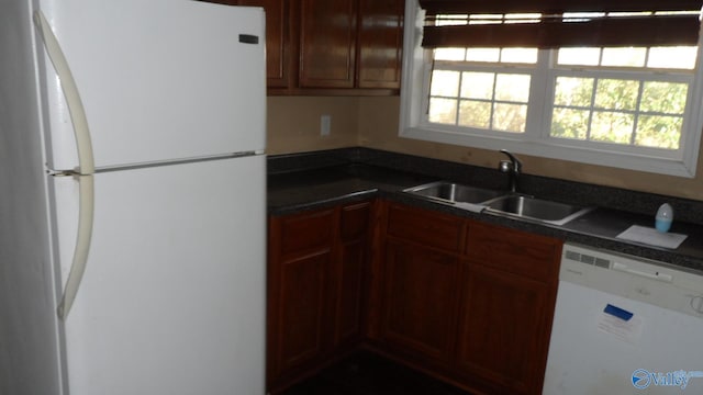 kitchen featuring plenty of natural light, white appliances, and sink