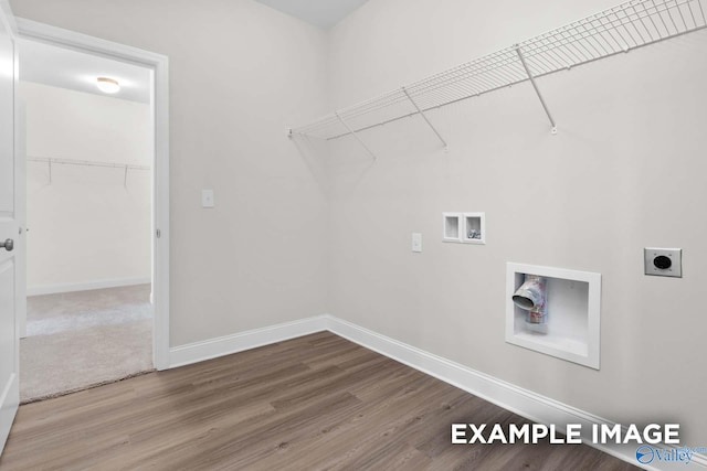 laundry room featuring wood-type flooring, hookup for a washing machine, and electric dryer hookup