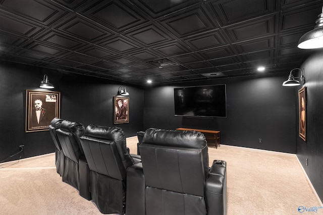 home theater featuring carpet flooring