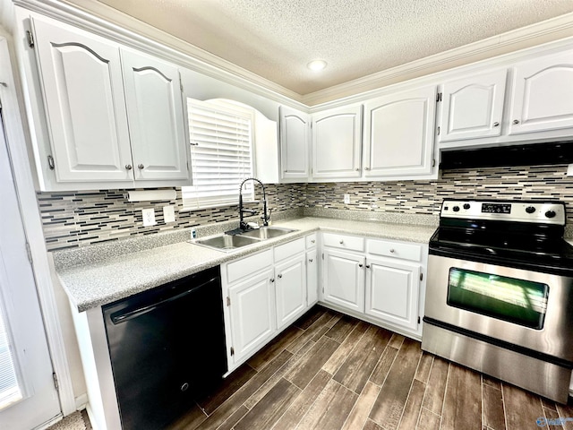 kitchen featuring black dishwasher, white cabinets, a sink, and stainless steel electric stove