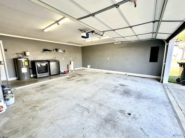 garage with electric panel, water heater, washer and dryer, and a garage door opener