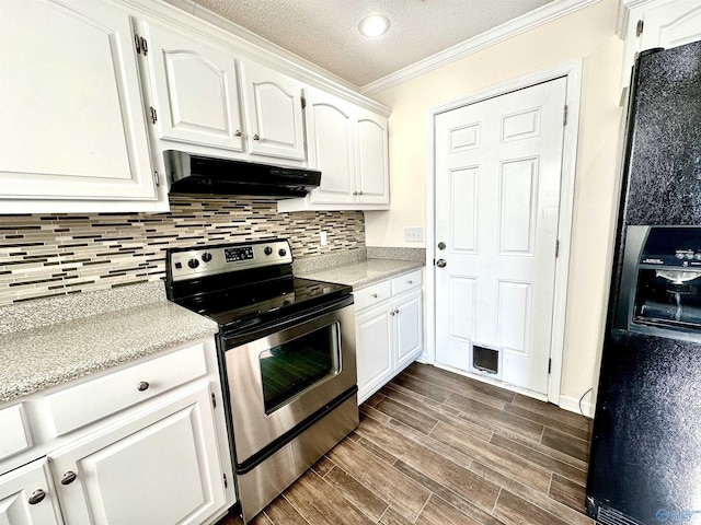 kitchen featuring black fridge with ice dispenser, white cabinetry, stainless steel range with electric stovetop, and crown molding