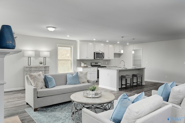 living room featuring sink and dark hardwood / wood-style flooring