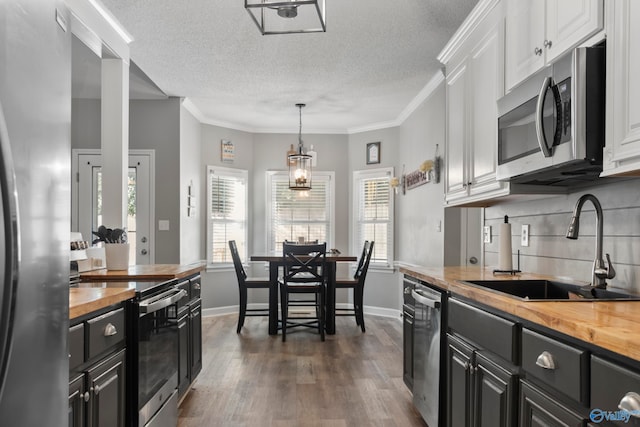 kitchen with white cabinetry, butcher block counters, sink, and stainless steel appliances