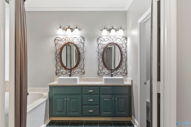 bathroom featuring a bathtub, crown molding, and tile patterned floors