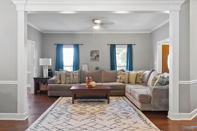 living room featuring ornamental molding, dark hardwood / wood-style floors, and ceiling fan