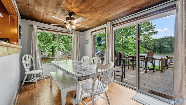 dining room featuring a ceiling fan, a wealth of natural light, light wood-type flooring, and wood ceiling