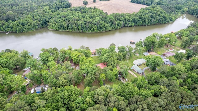aerial view with a water view and a wooded view
