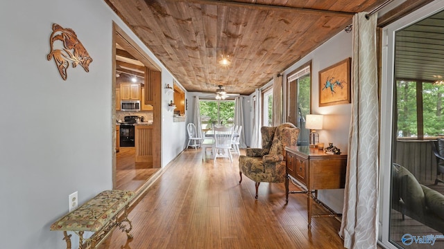 sitting room featuring ceiling fan, wooden ceiling, and wood finished floors