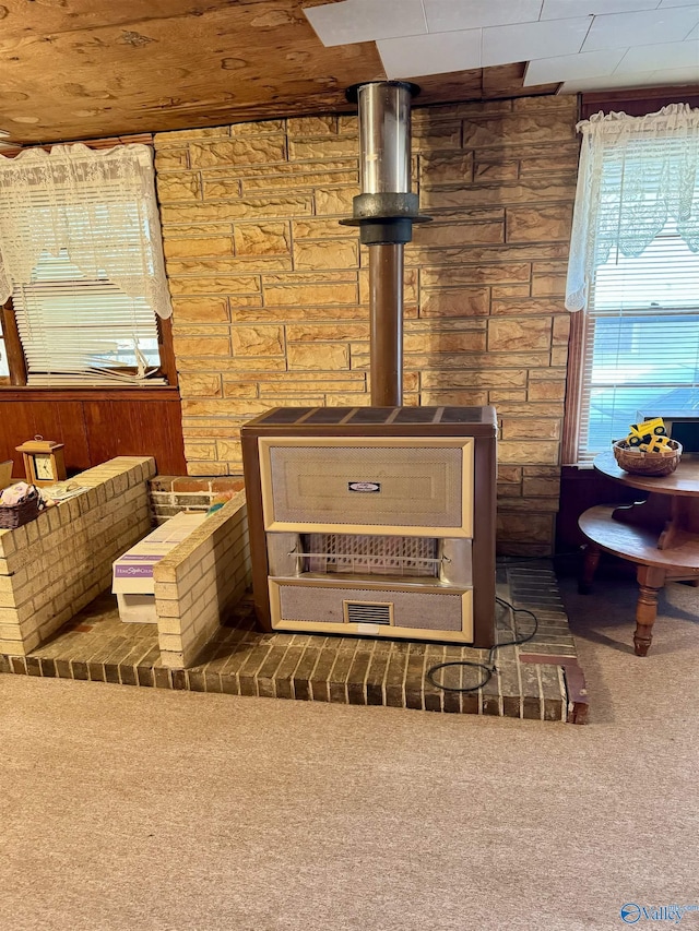 room details featuring carpet floors and a wood stove