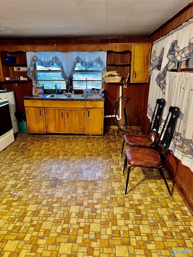 kitchen with brown cabinetry, wooden walls, range, and a sink