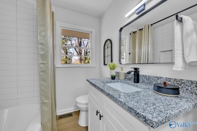 bathroom with wood-type flooring, toilet, and vanity