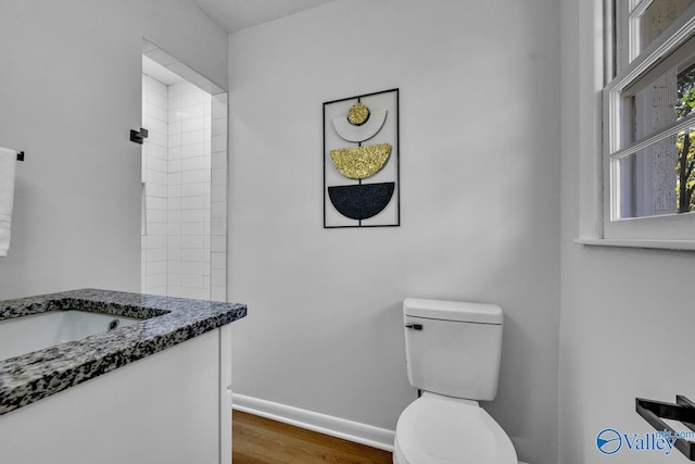 bathroom with vanity, hardwood / wood-style floors, and toilet