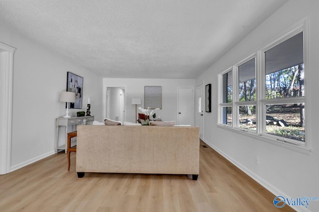 living room featuring a textured ceiling and light wood-type flooring