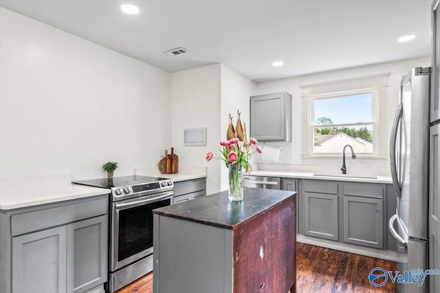 1760 Horseshoe Bend Rd, Scottsboro, AL 35769 - kitchen featuring stainless steel appliances, gray cabinetry, dark wood-style floors, a center island, and recessed lighting