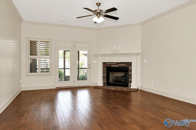 5 Leyland Dr, Huntsville, AL 35824 - unfurnished living room with ceiling fan, wood-type flooring, crown molding, baseboards, and a fireplace