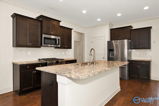5 Leyland Dr, Huntsville, AL 35824 - kitchen with appliances with stainless steel finishes, a sink, light stone counters, dark wood-style floors, and a kitchen island with sink