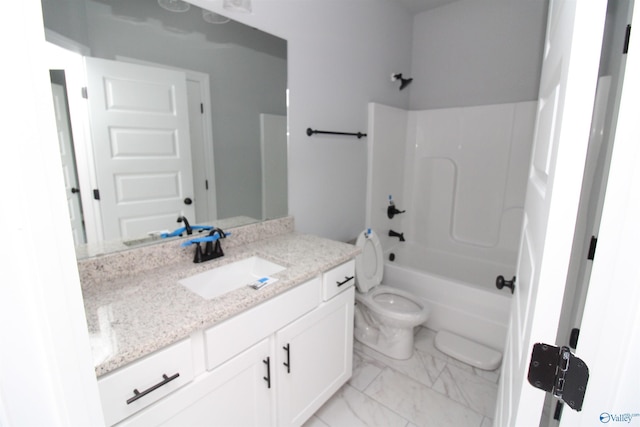 full bathroom with vanity, tub / shower combination, and toilet