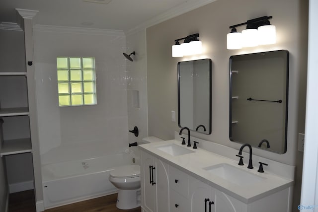 3720 Tidmore Bend Rd, Gadsden, AL 35901 - bathroom featuring  shower combination, ornamental molding, double vanity, and wood finished floors