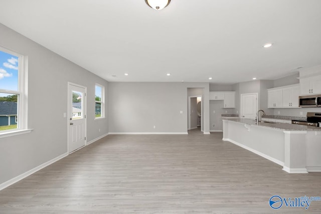 unfurnished living room featuring sink, light hardwood / wood-style floors, and a wealth of natural light