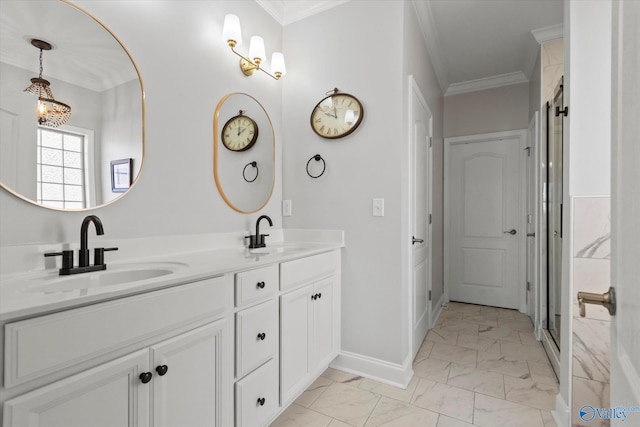 full bath with ornamental molding, marble finish floor, a sink, and double vanity