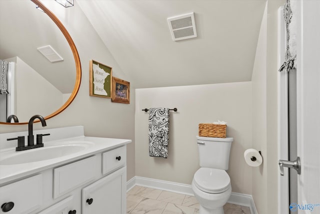 bathroom with baseboards, visible vents, toilet, marble finish floor, and vanity