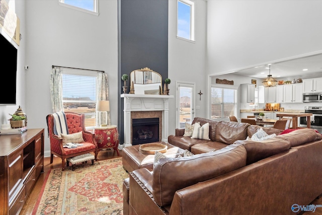 living area with a towering ceiling, a fireplace, and wood finished floors