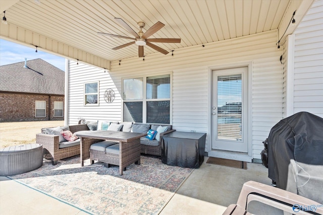 view of patio with a ceiling fan and an outdoor hangout area