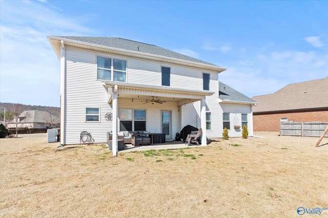 back of house featuring roof with shingles, a patio, central AC, fence, and ceiling fan