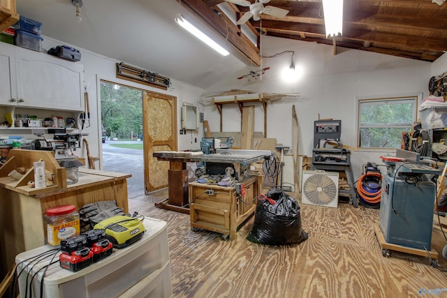 kitchen with wood ceiling, ceiling fan, white cabinetry, light hardwood / wood-style floors, and lofted ceiling with beams