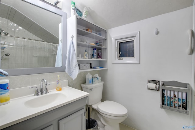 bathroom with decorative backsplash, a textured ceiling, toilet, vanity, and a shower with shower curtain