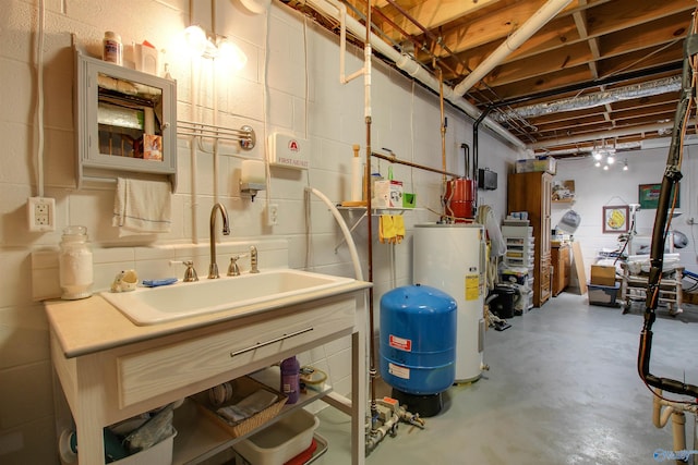 basement with sink and electric water heater