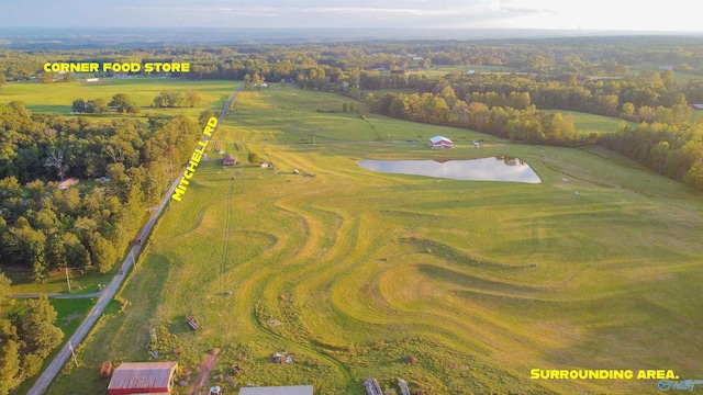 drone / aerial view featuring a water view and a rural view