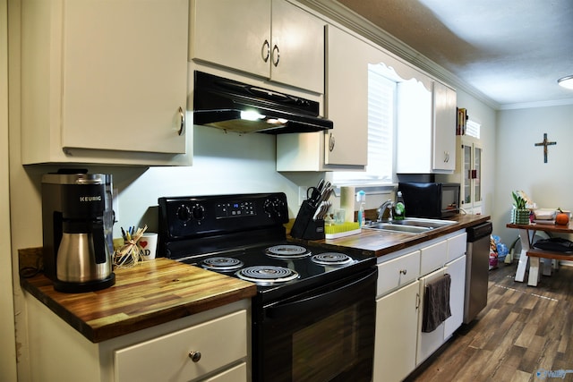kitchen with under cabinet range hood, butcher block countertops, ornamental molding, electric range, and a sink